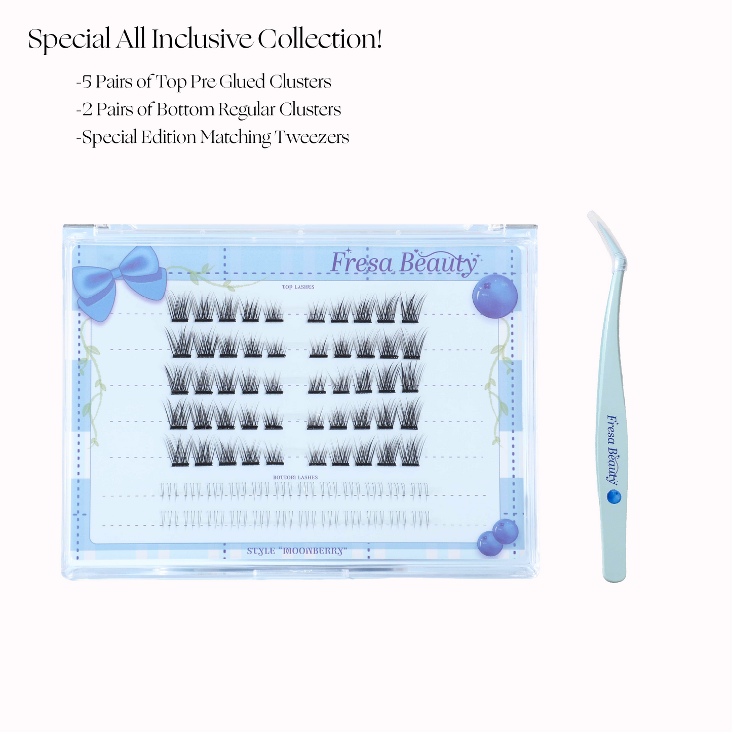 Fresa Beauty eyelash extension set with packaging and tweezers on a white background