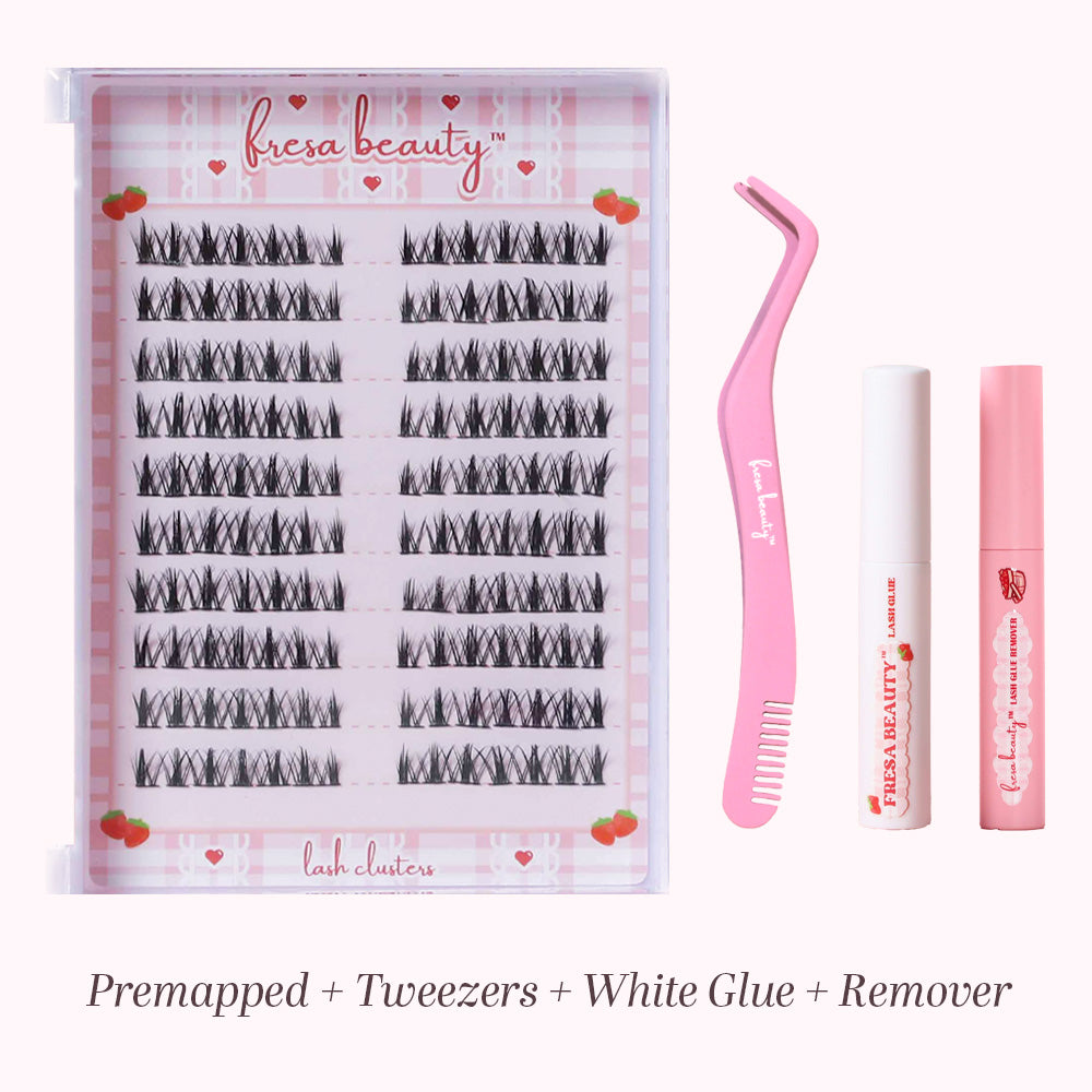 Fresa Beauty lash cluster set with premapped lashes, tweezers, white glue, and remover on a white background.