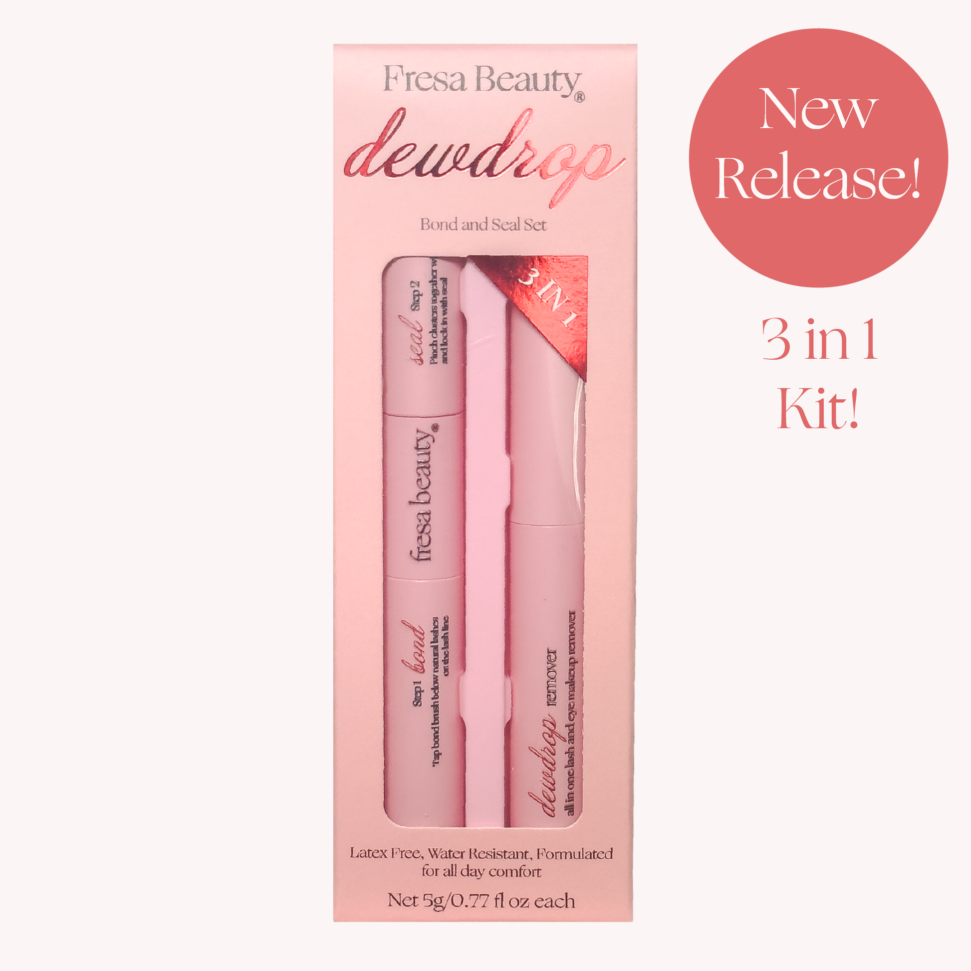 Fresa Beauty dewdrop Bond and Seal Set 3-in-1 kit in a pink box, shown with a red circular badge that reads 'New Release!' and '3 in 1 Kit!' on a light beige background.