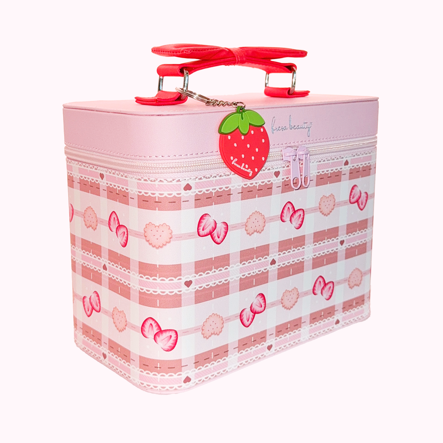 Pink and gingham print cosmetic case with strawberry keychain on a red bow handle and zipper closure.