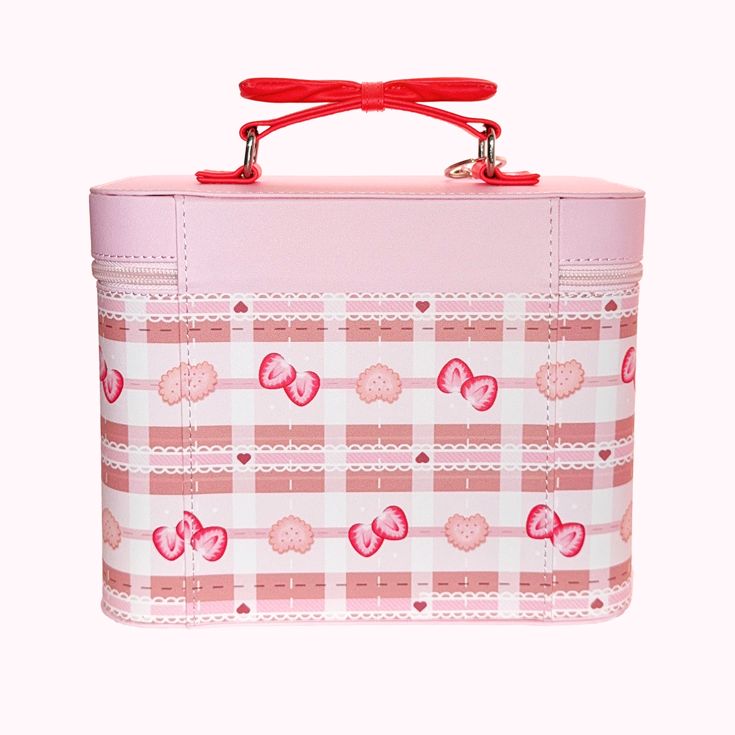 Pink and gingham print cosmetic case with a red bow handle and zipper closure.