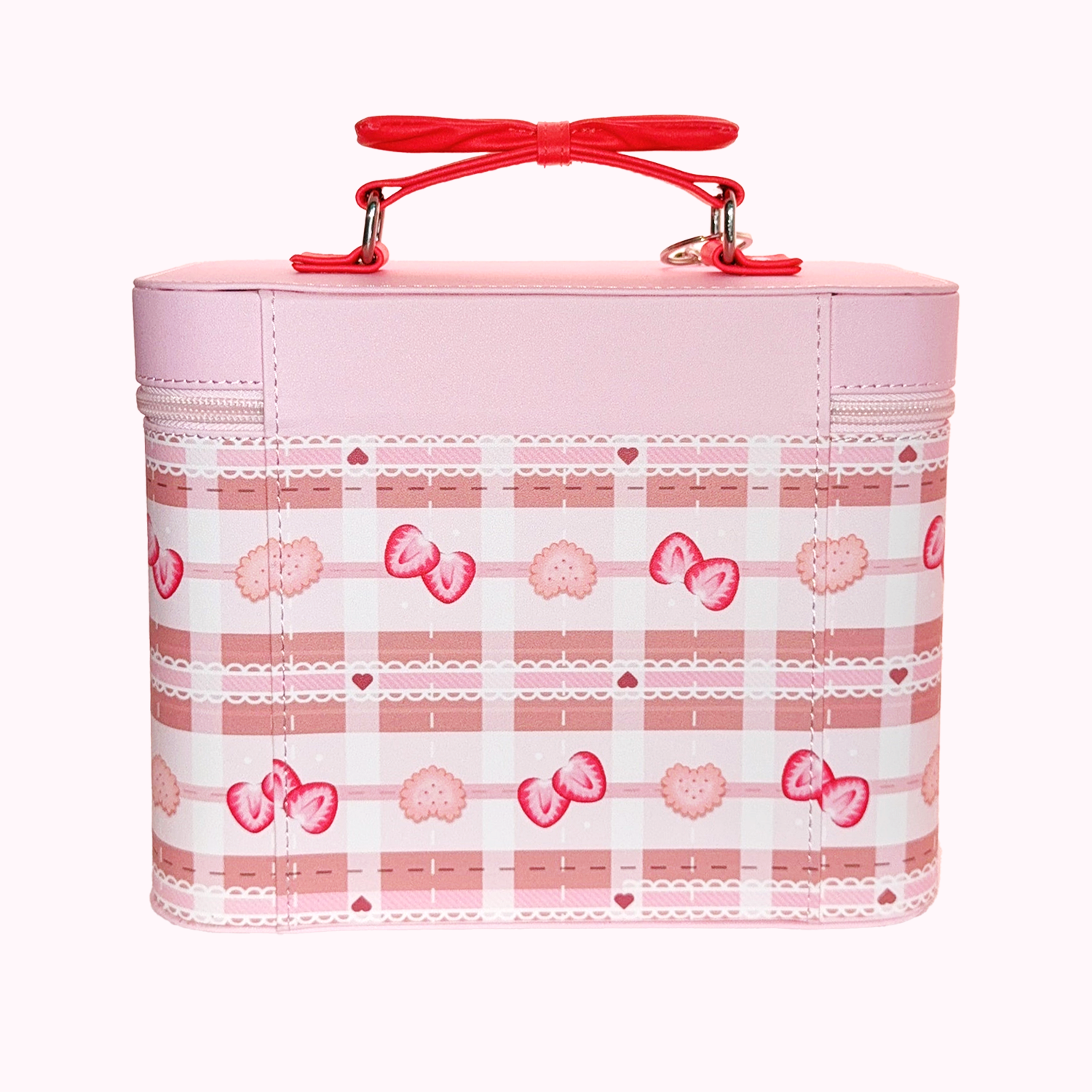 Pink and gingham print cosmetic case with a red bow handle and zipper closure.