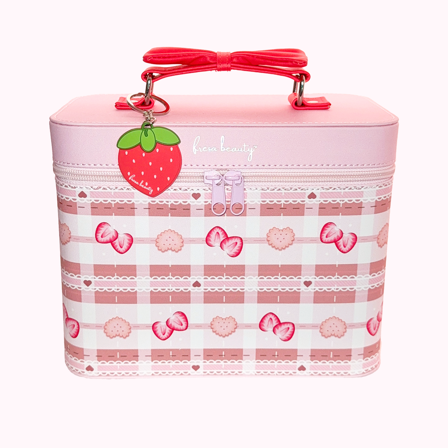 Pink and gingham print cosmetic case with strawberry keychain on a red bow handle and zipper closure.
