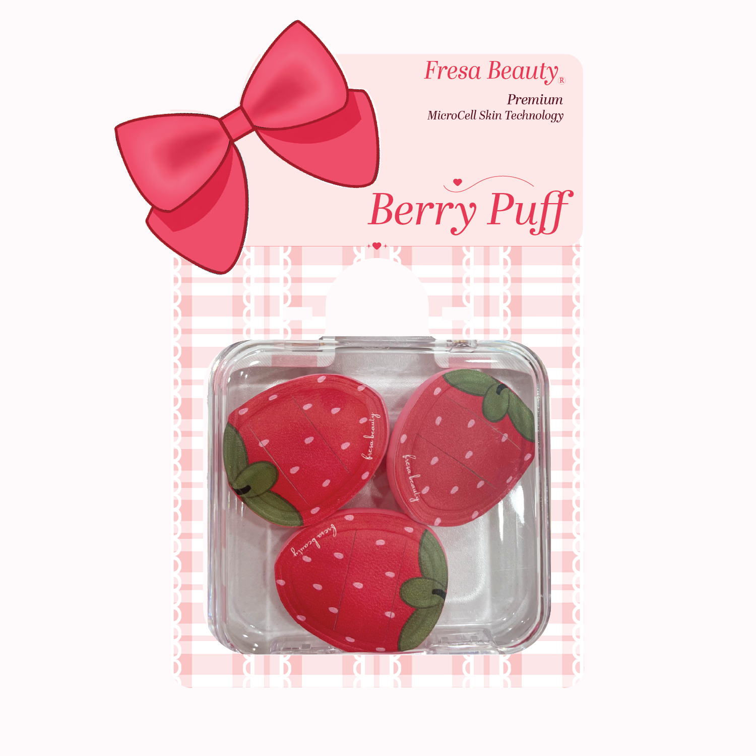 Packaged berry-shaped items with a pink bow and 'Fresa Beauty' branding on a checkered background.