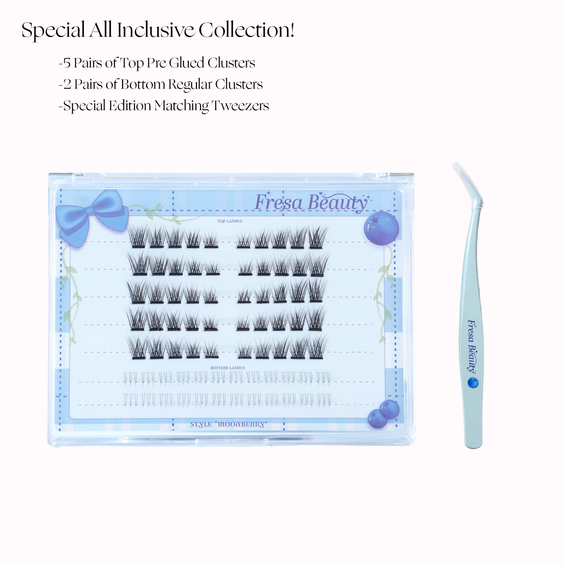 Fresa Beauty eyelash extension set with packaging and tweezers on a white background