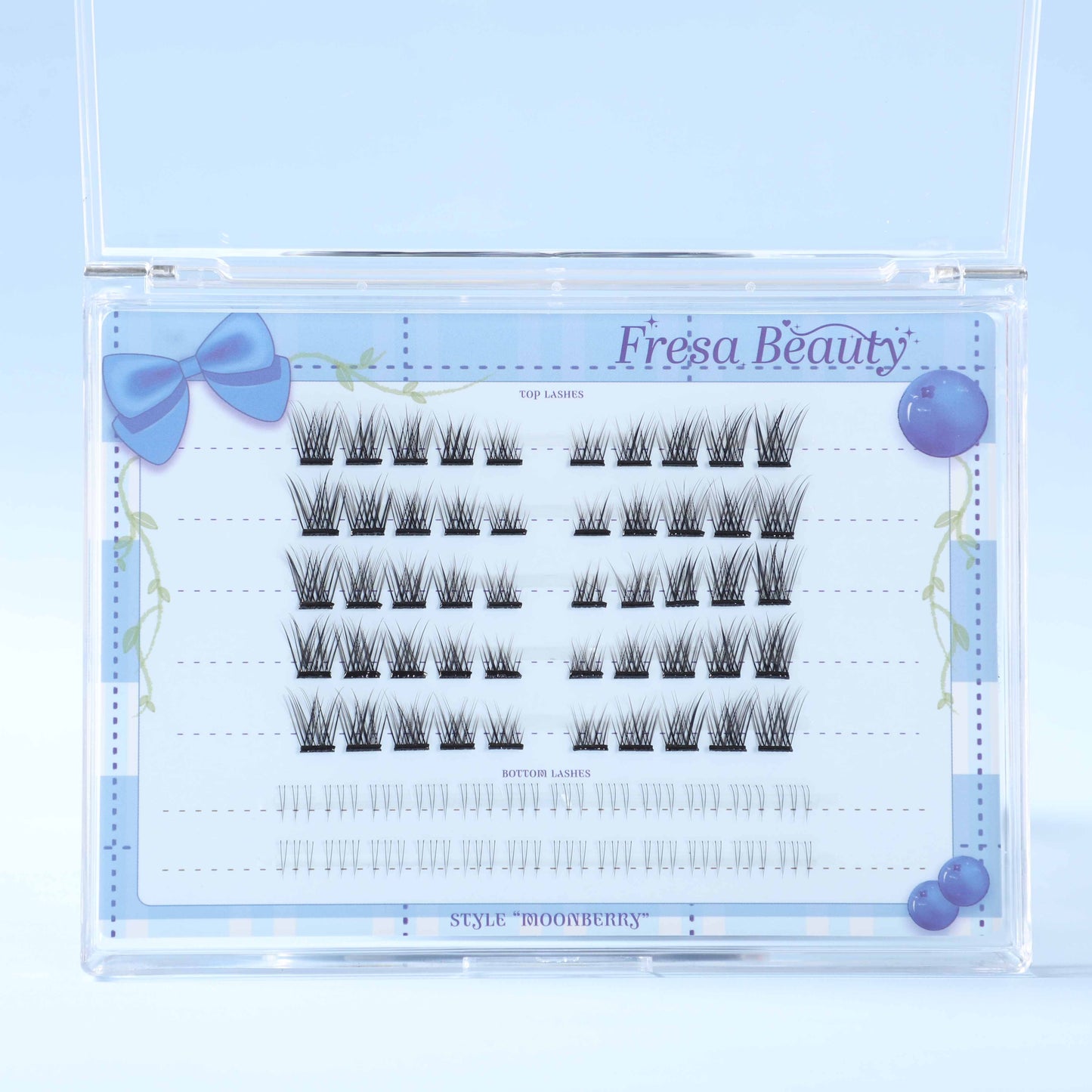 Fresa Beauty false eyelashes packaging with blue accents on a light blue background