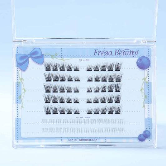 Fresa Beauty false eyelashes packaging with blue accents on a light blue background
