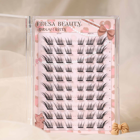 Fresa Beauty false eyelashes kitty packaging with pink and clear design, showcasing foxy flare lashes