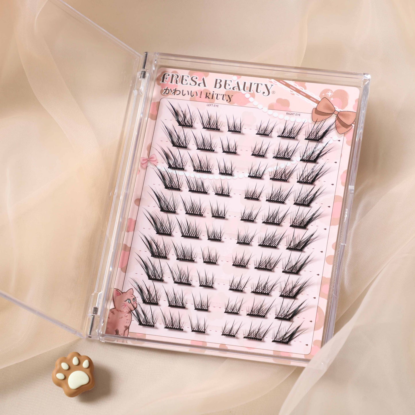 Fresa Beauty false eyelashes kitty packaging with pink and clear design, showcasing foxy flare lashes