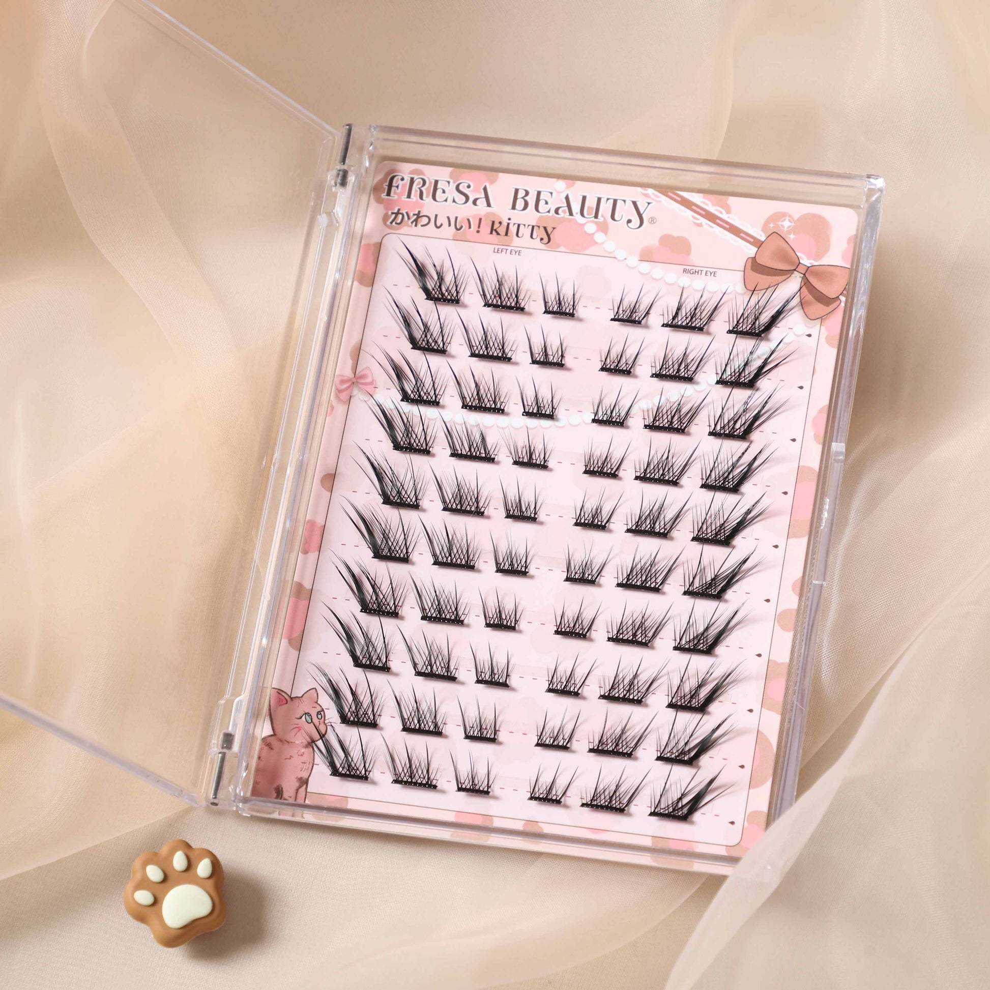 Fresa Beauty false eyelashes kitty packaging with pink and clear design, showcasing foxy flare lashes