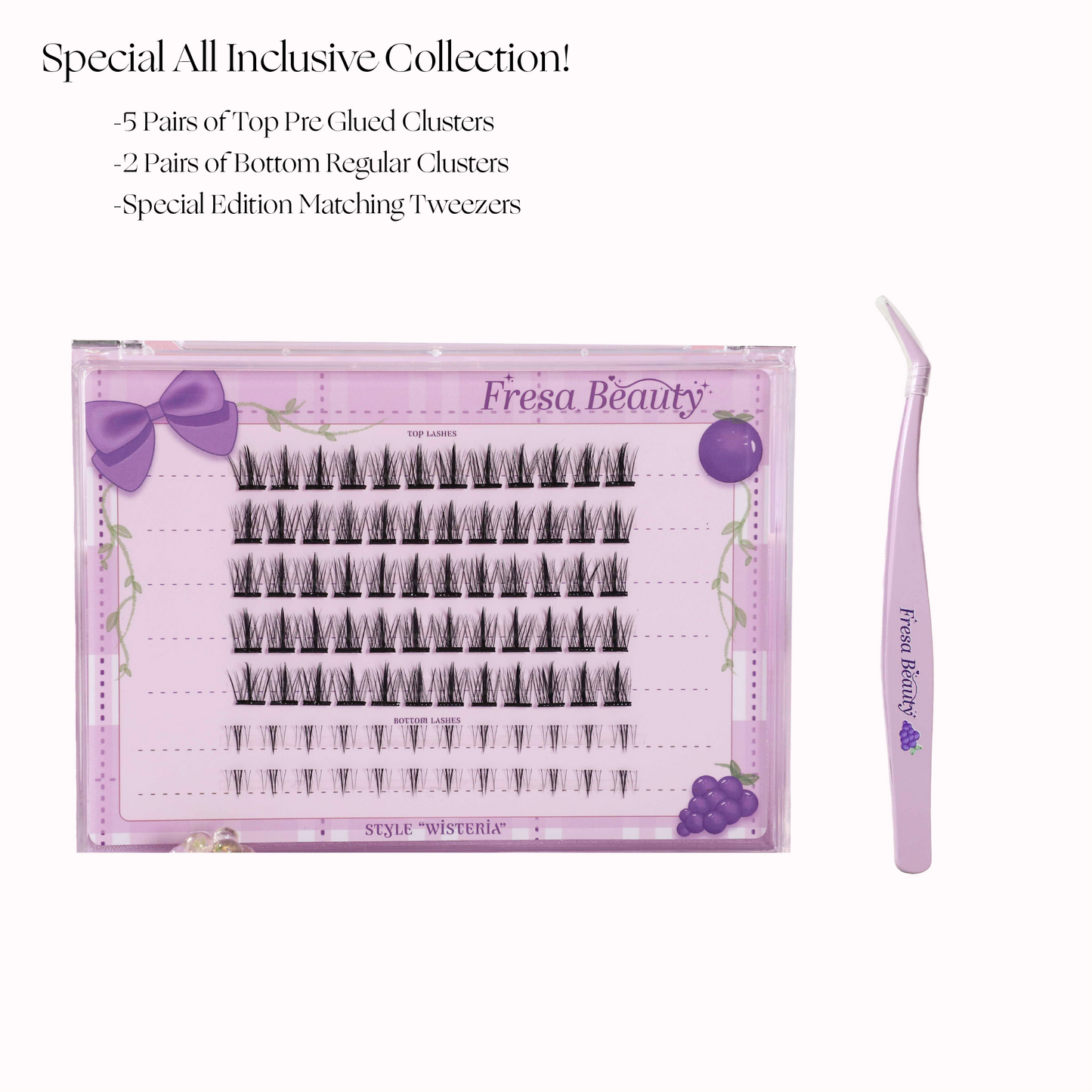 Fresa Beauty Grape Themed false eyelashes set with tweezers on a white background