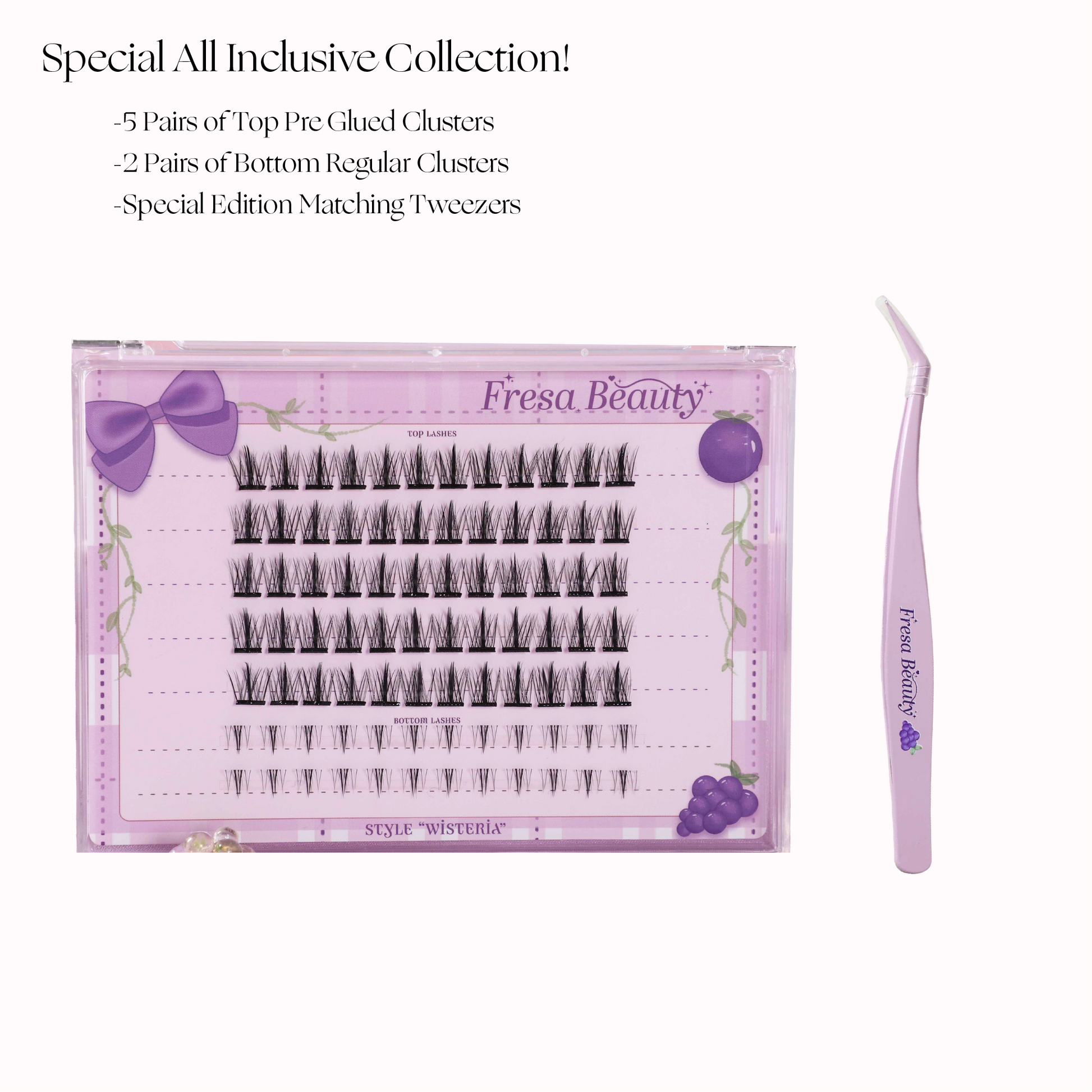 Fresa Beauty Grape Themed false eyelashes set with tweezers on a white background