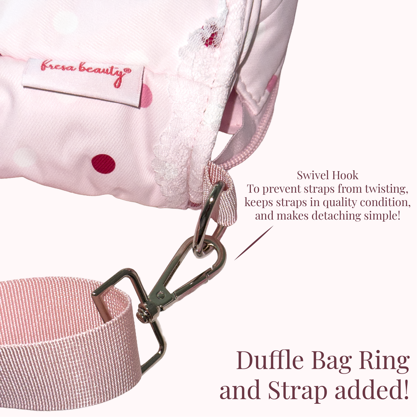 Close-up of a pink duffle bag with white and magenta polka dots, lace trim, and a metal swivel hook attachment for a detachable strap. Text on the image explains the swivel hook and strap addition.