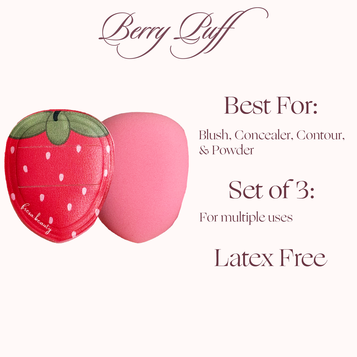 Berry Puff brand makeup sponge set featuring a strawberry design on a pale pink background with product details.