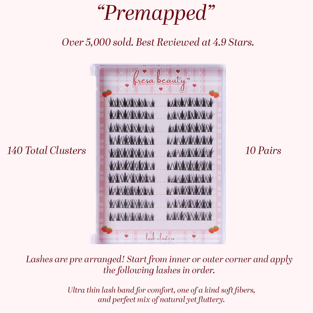 Fresa Beauty lash clusters packaging with product details on a white background