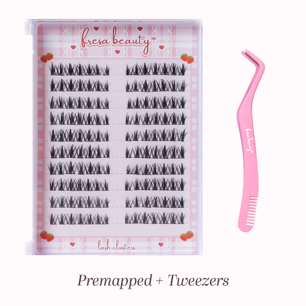 Fresa Beauty lash clusters with pink tweezers on a white background