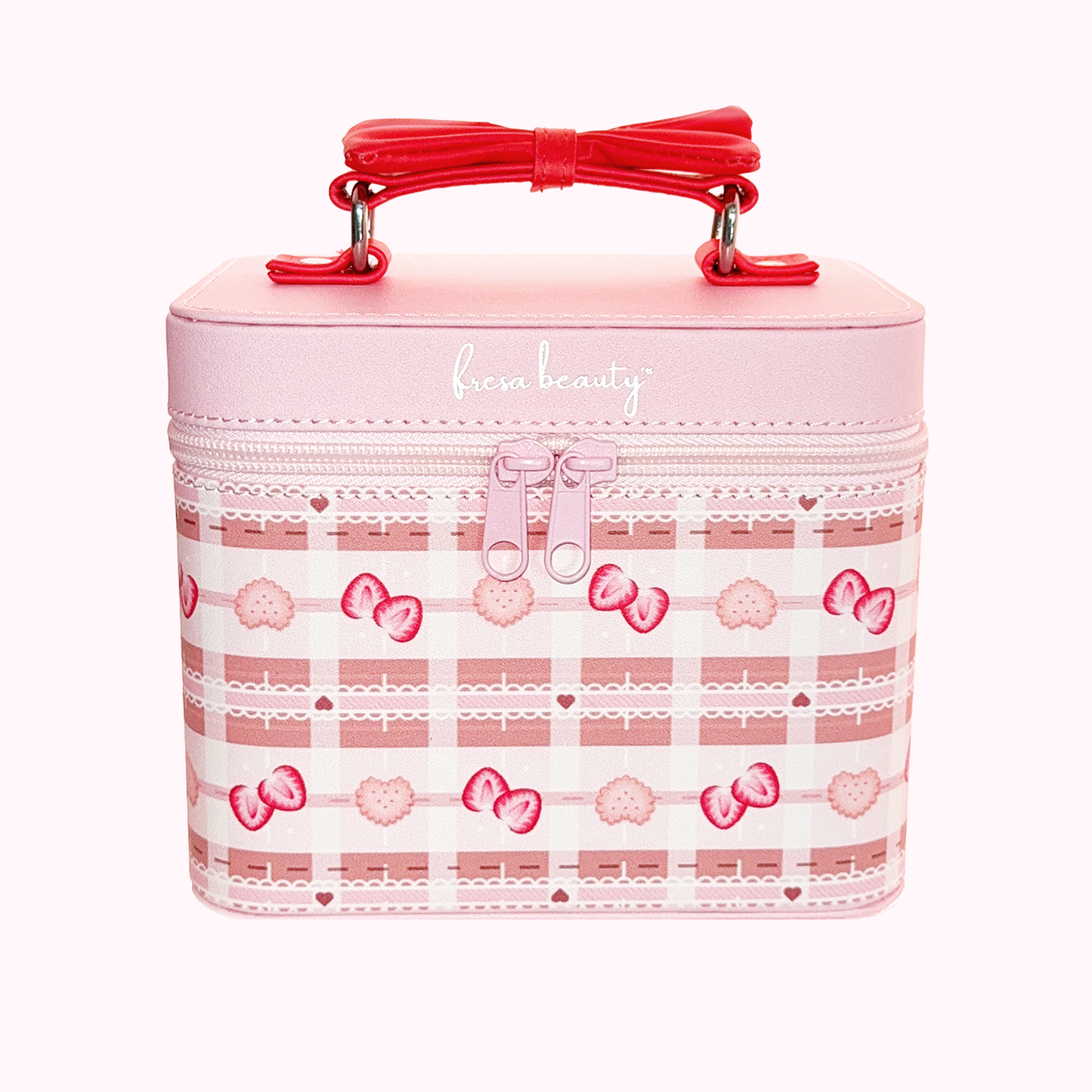 Pink and gingham print cosmetic case with a red bow handle and zipper closure.