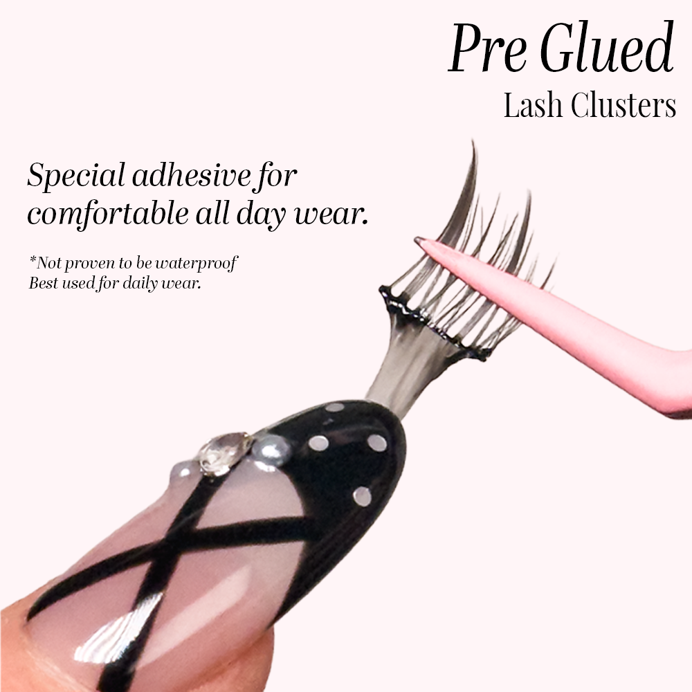 Lash cluster applicator with pink tip and text about pre-glued lash clusters and adhesive.