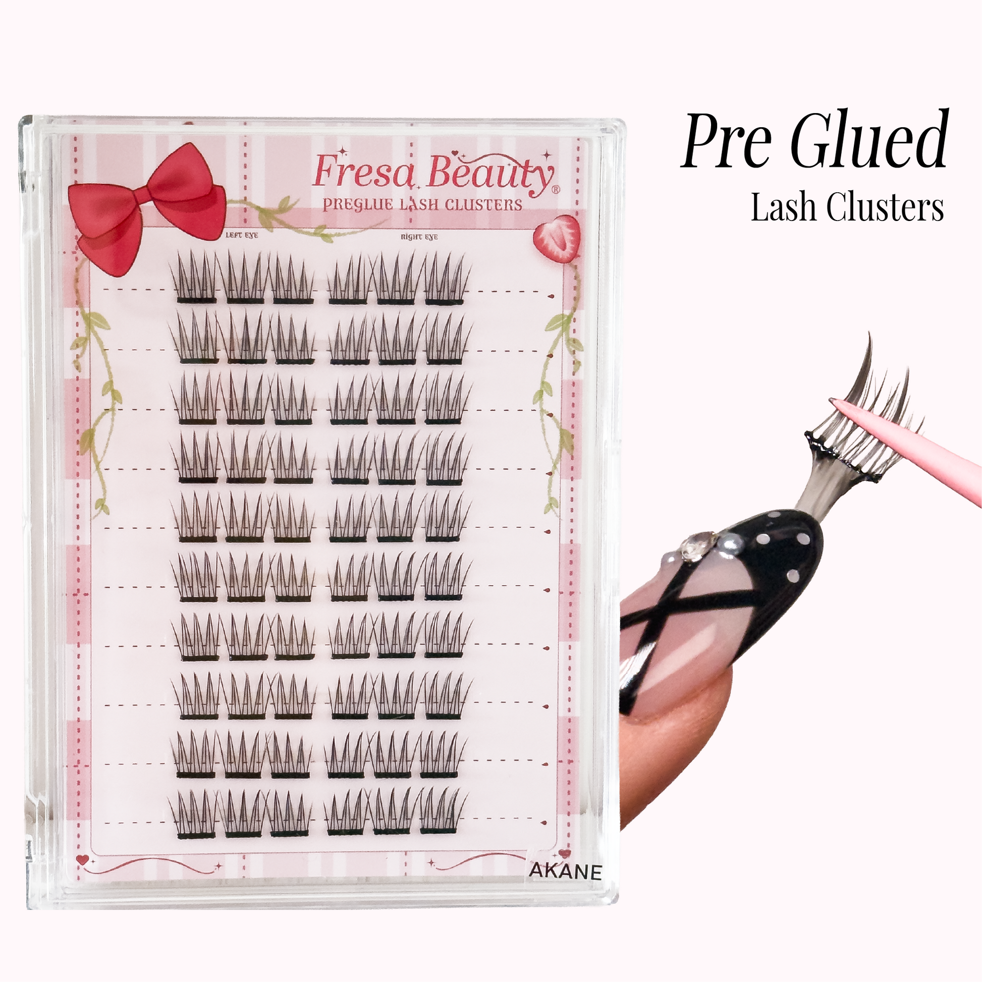 Clear lash tray with strawberry's and red gingham design showcasing 10 pairs of pre glued clusters.