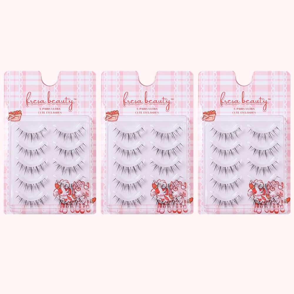 Three packages of fresa beauty false eyelashes on a white background