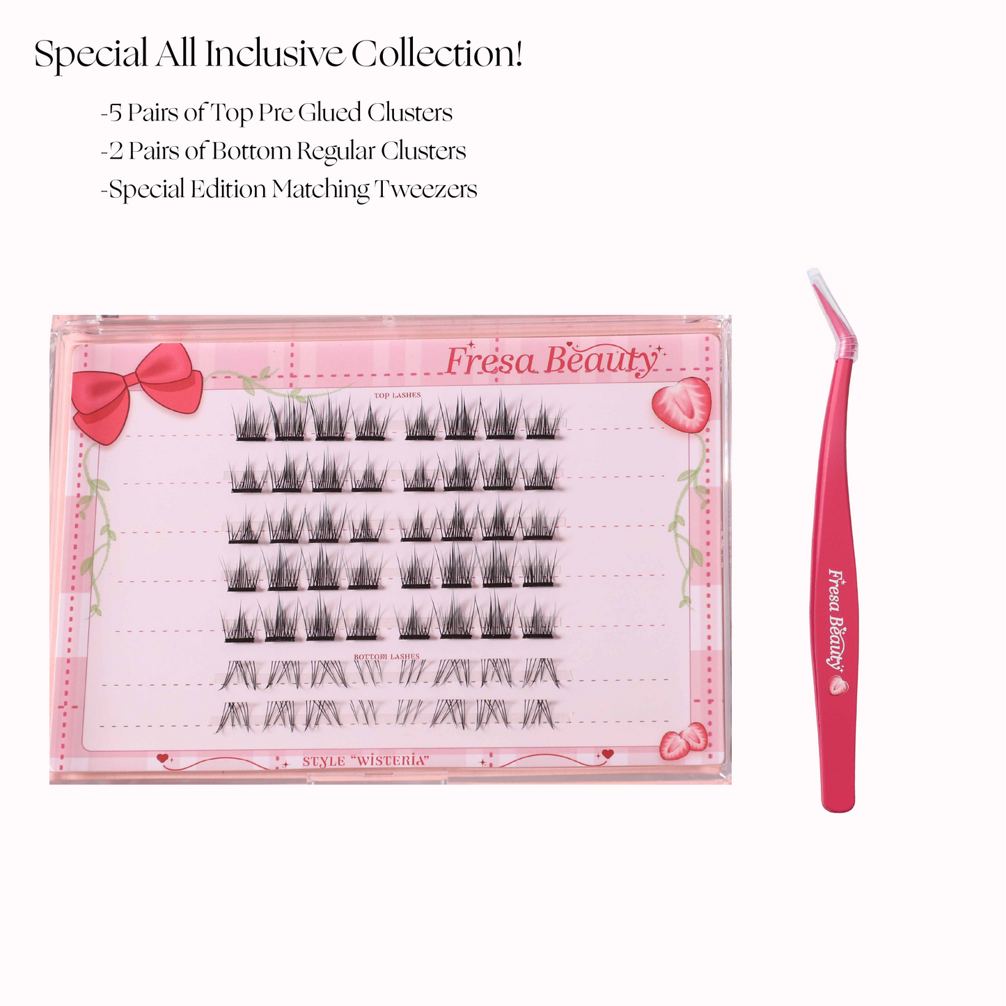 Fresa Beauty eyelash packaging with lashes and tweezers on a white background
