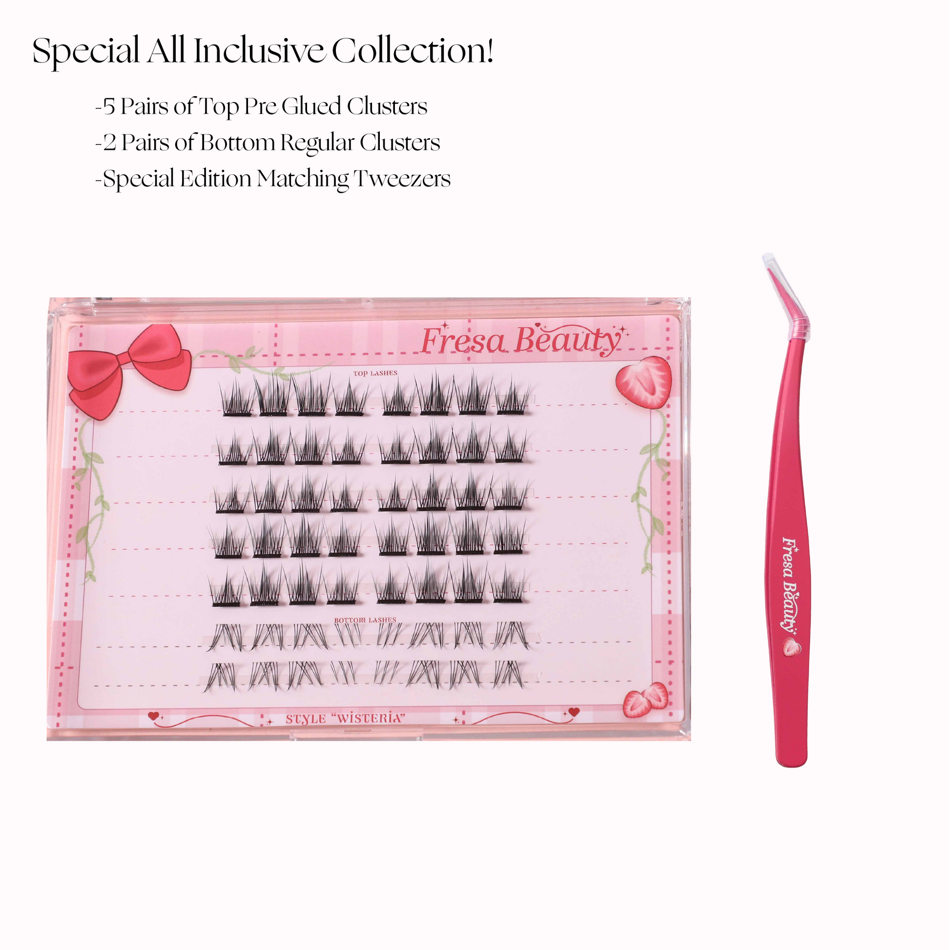 Fresa Beauty eyelash packaging with lashes and tweezers on a white background