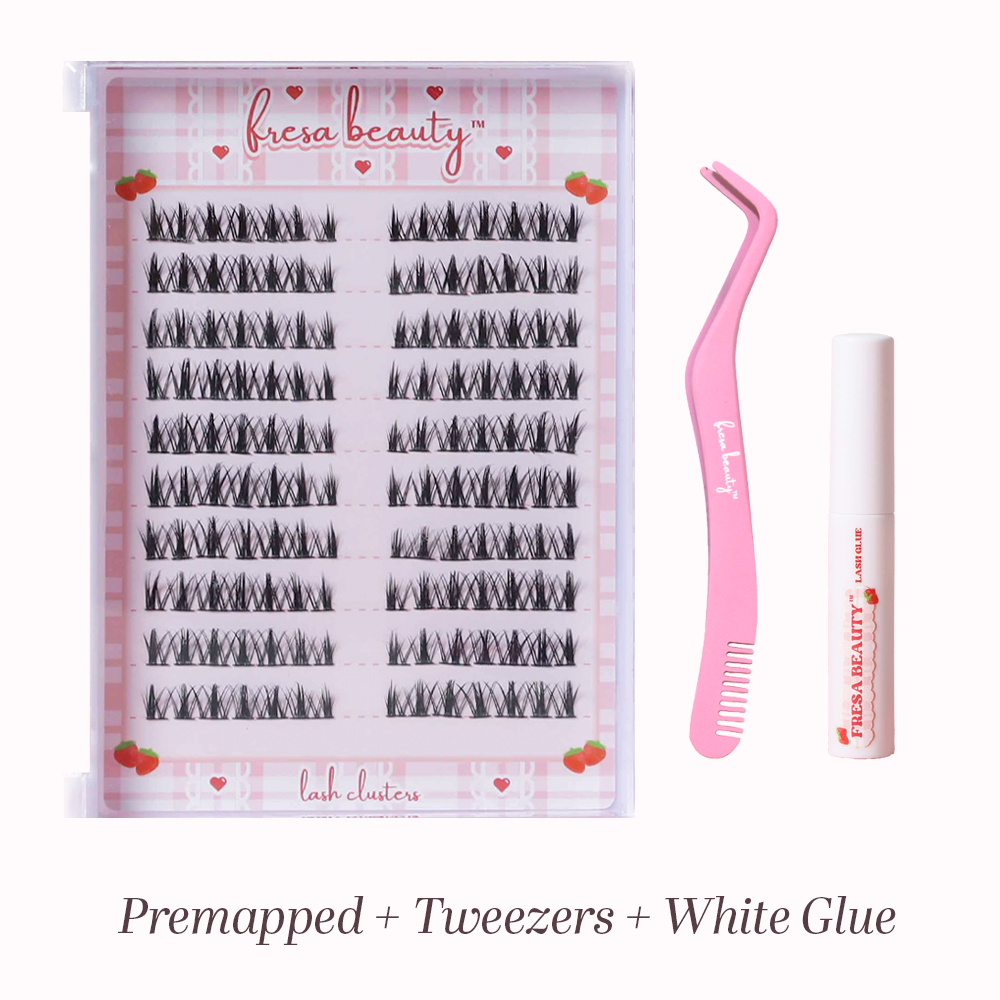 Fresa Beauty lash clusters with pink tweezers and white glue on a white background