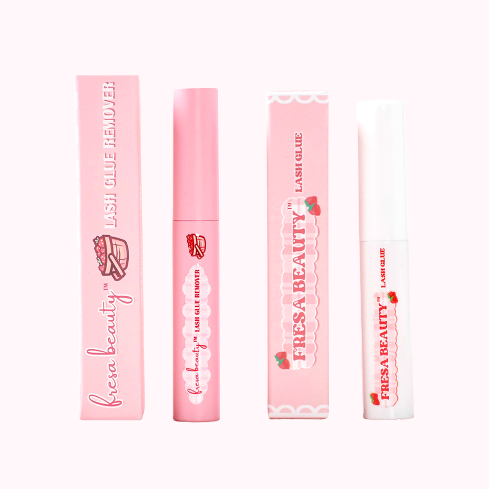 Set of Fresa Beauty lash glue remover with pink packaging on a white background