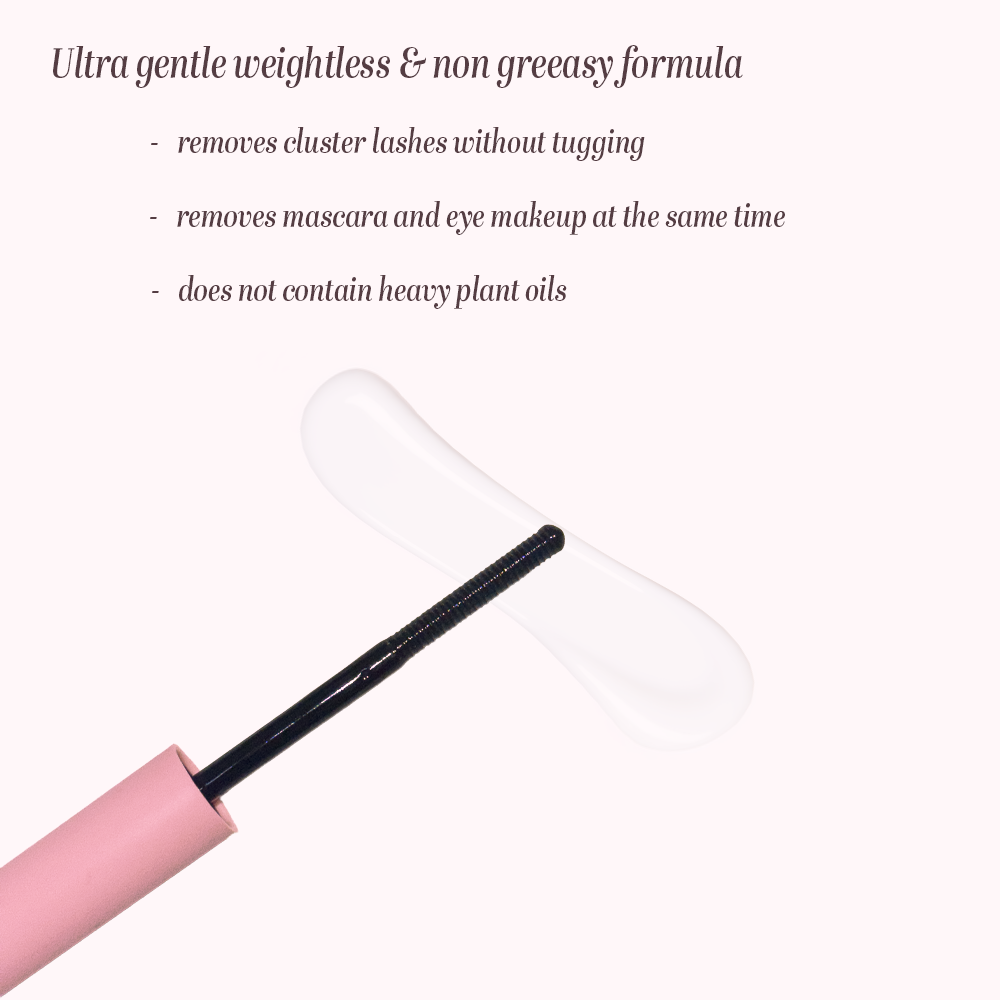 Makeup removal tool with pink handle and black brush on a white background, featuring text about product features.